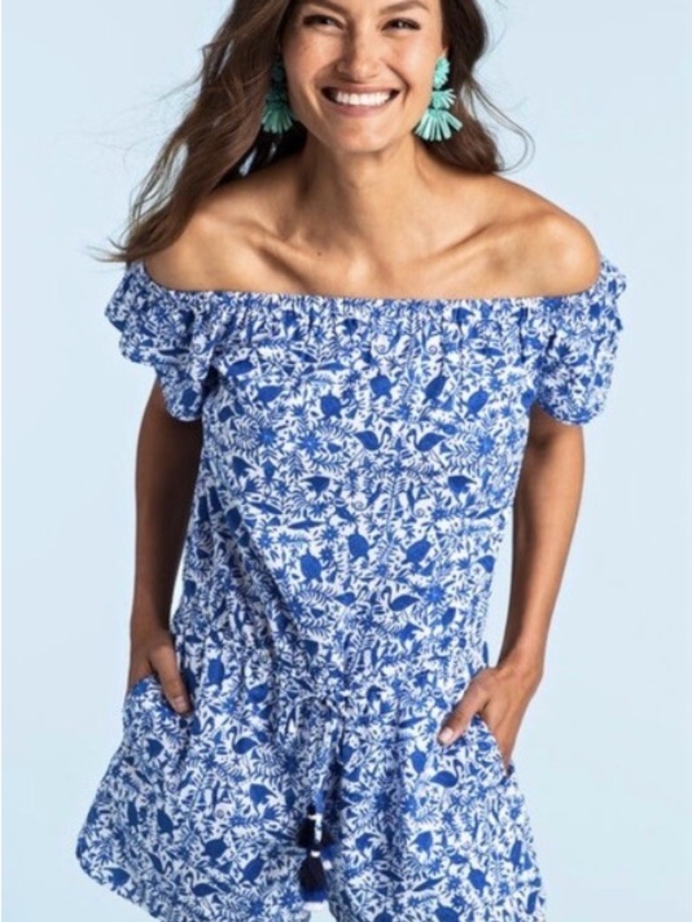 Vineyard Vines Blue/White Floral Off Shoulder Romper